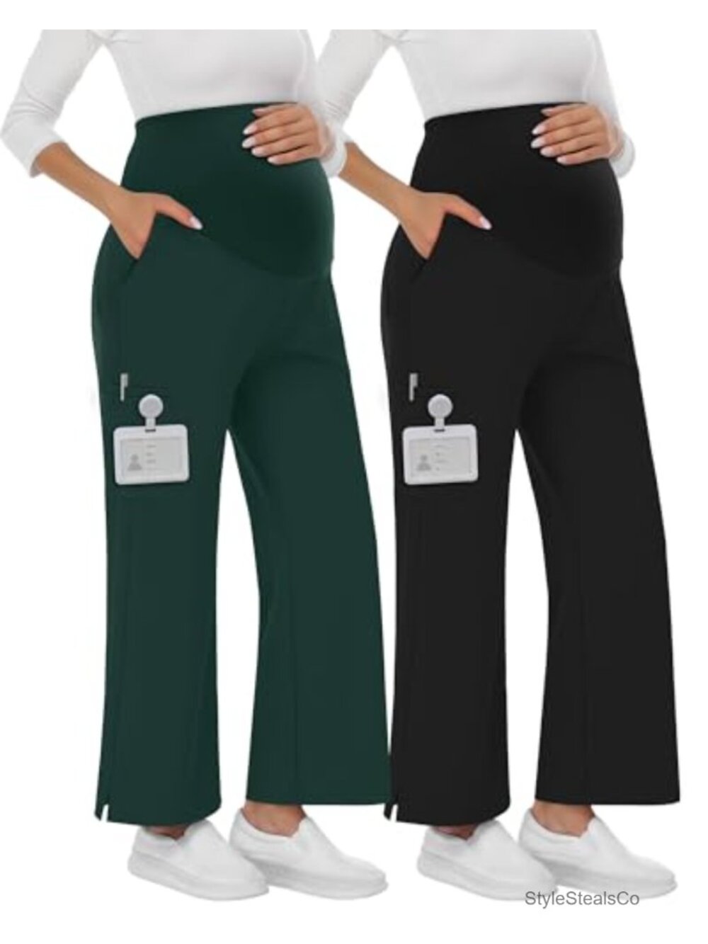Maternity Scrub Pants 2-Pack, 98% Polyester, High Rise Over Belly, 6 Pockets,